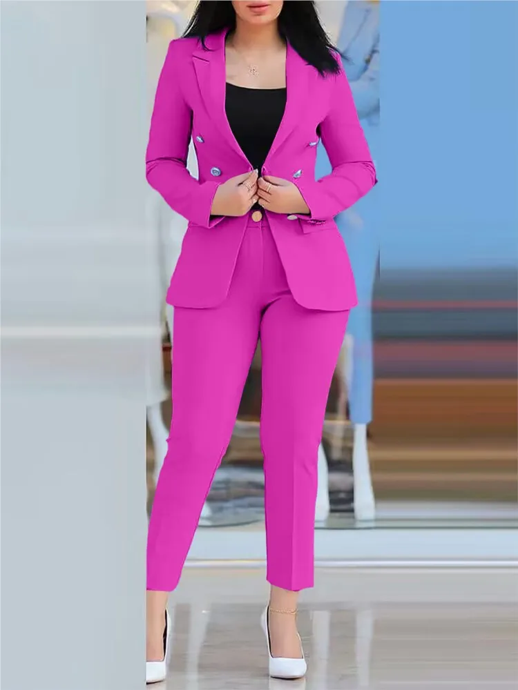 Elegante senhora do escritório conjuntos de duas peças 2024 outono inverno moda feminina entalhado pescoço manga longa blazer & cintura alta calças trabalho terno