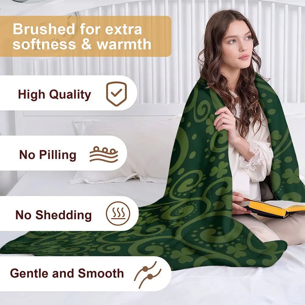 Dark Green Clover Scroll Soft Warm Flannel Blanket Lightweight Cozy Christmas Halloween Home Decor Room