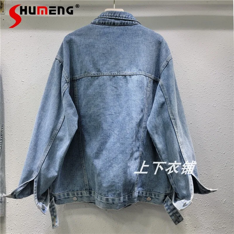 

Fashion Hand-painted Rhinestone Embellished Denim Jackets Women 2025 Autumn New Oversize Loose Comfort Coats Long Sleeve Jackets