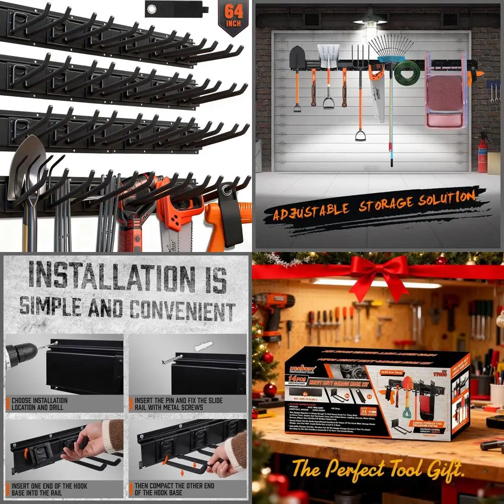 

Гаражный стеллаж для хранения вещей 64 года, емкость 600 фунтов, 14 крючков, 4 направляющих, прочный органайзер для инструментов