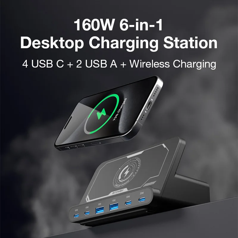 BlitzWolf BW-S27 160W 6-Port USB PD Desktop Fast Charger 2USB-A+4USB-C PD3.0 QC4.0 AFC FCP SCP PPS PE 5W Wireless Charger