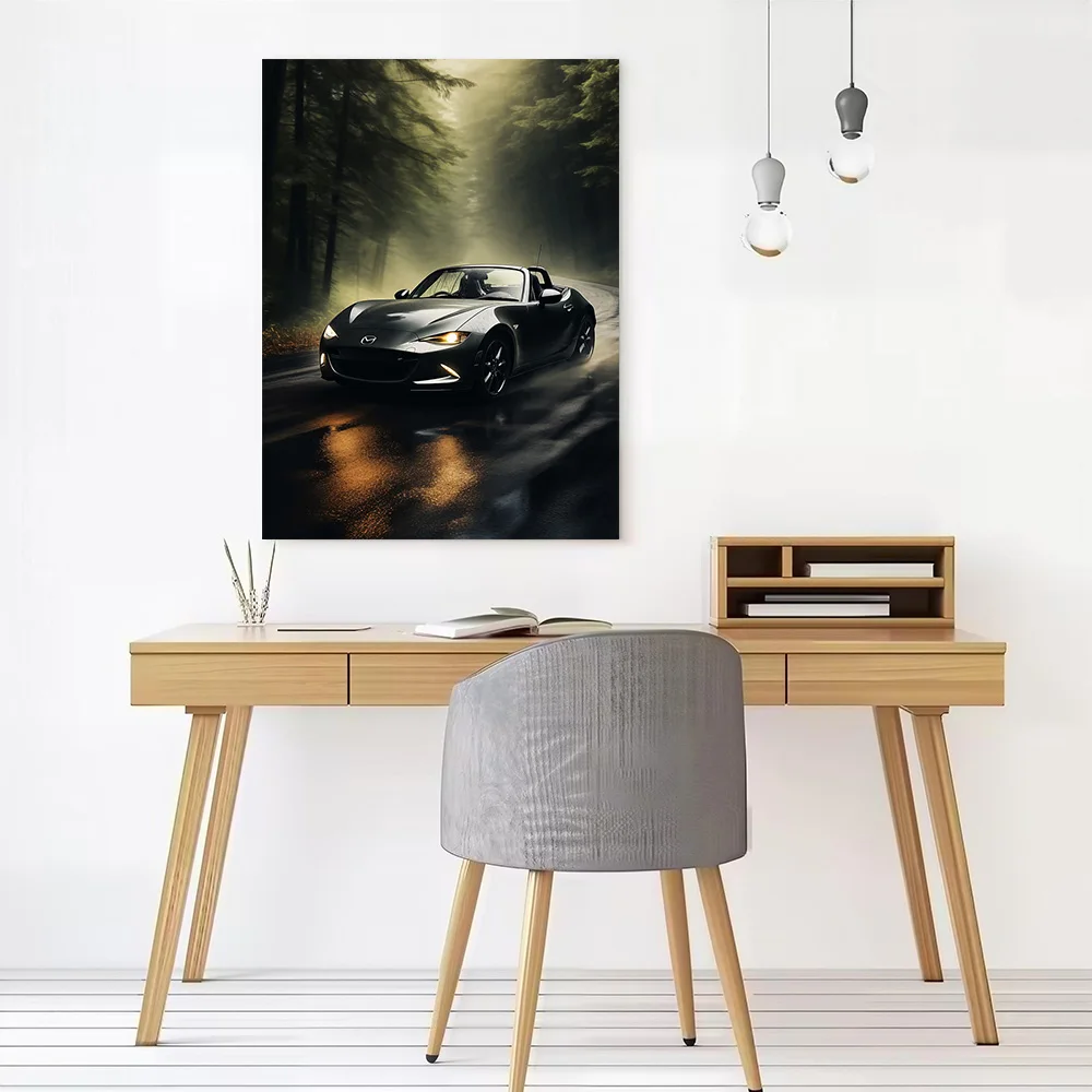 Sports Car Miata Driving in Forest Canvas Poster Customizable Pictures Wall Art Canvas Painting for Wand Deko Decoration Gaming