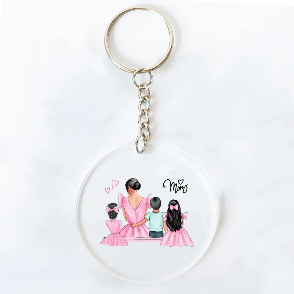 Super Mom & Dad Print Keychain Transparent Circle Keyring Acrylic Key Ring Fashion Key Chain Festive Birthday Gift for Mom Dad