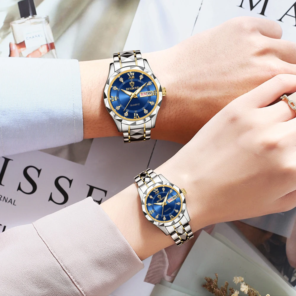 BINBOND Luxury Couple Watches Fashion Rhombus Mirror His and Her Watch Waterproof Luminous Date Week Original Quartz Wristwatch