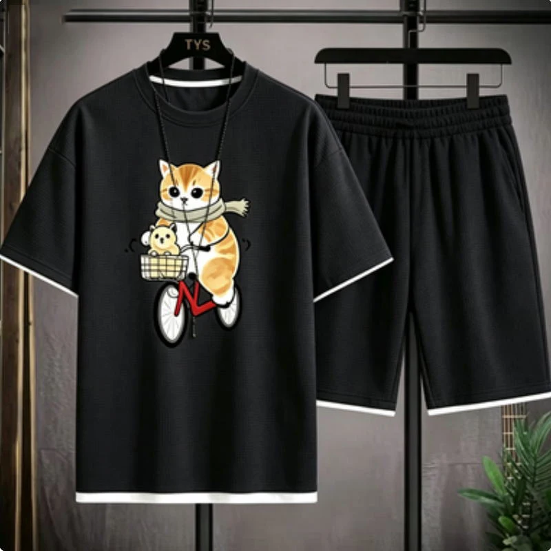 

2026 Men's Summer Waffle Set Brand Fashion Casual T-shirt+Shorts Set Men's Sports Set Loose ComfortableSlo Two-piece Set