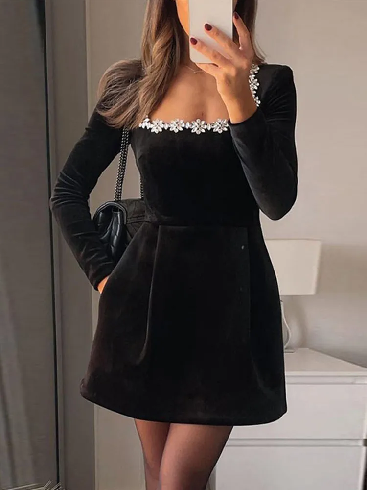 Women's Beaded Short Dresses 2025 New Spring Black Square Collar High Waist Slim A-line Vestidos Elegant Party Evening Dress