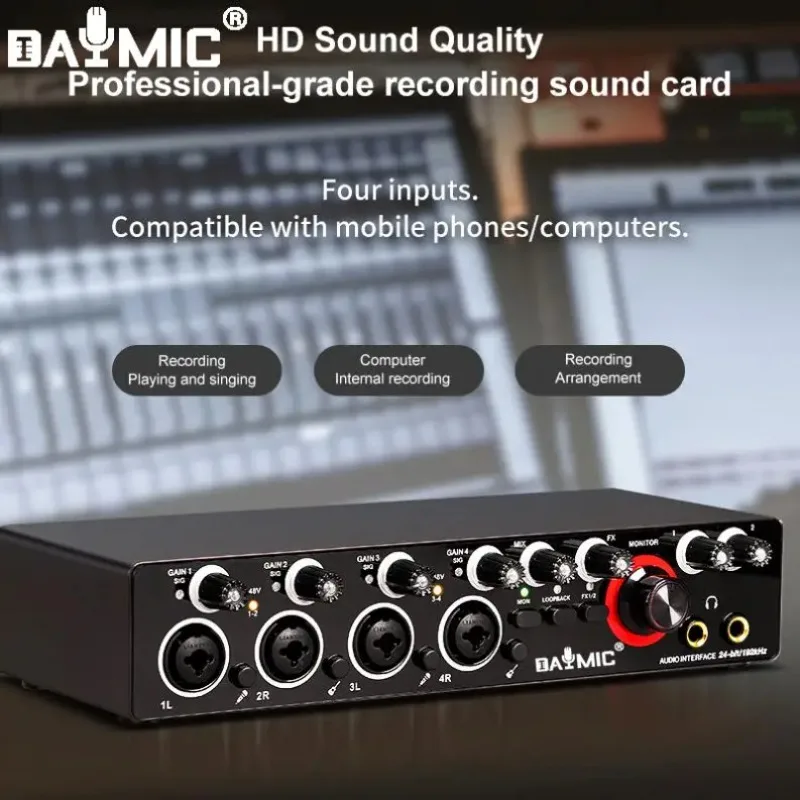Hot Sale DAYMIC Professional 24Bit 192Hkz 4 Channel Audio Interface USB Sound Card For Live Recording Solo