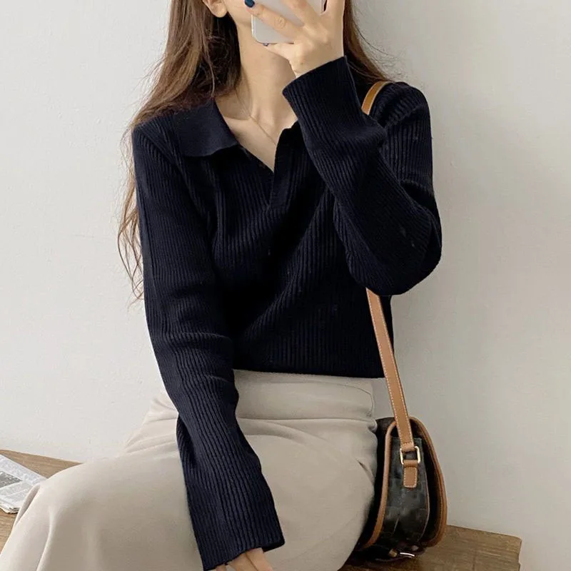 Xpqbb Sweaters for Women Vintage Brown Turndown Collar Knitted Sweater Pullover Female Autumn New Thicken All-match Knit Jumpers