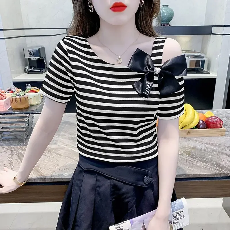 Printed Skew Collar Bow Hollow Out Off Shoulder Striped Blouse Women's Clothing New Casual Tops Sweet Shirt XT812