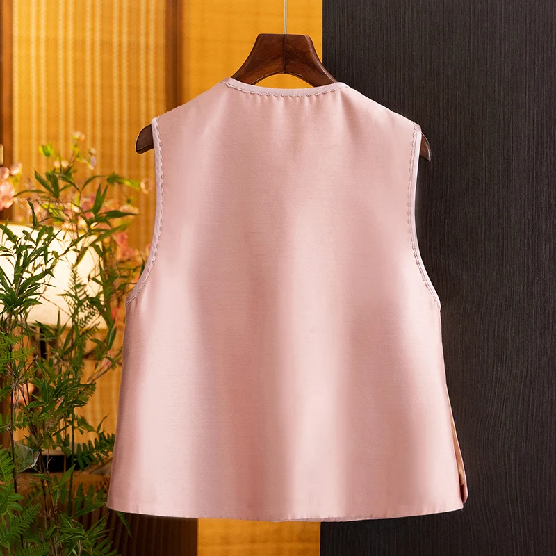 New Chinese-Style Silk Wool Butterfly Sequin Fashion Vest for Women, 2026 Autumn New Pink Layered Vest