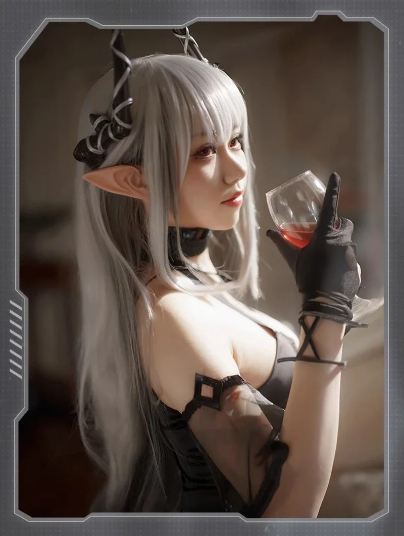 Game Arknights Obsidian Mudrock Cosplay Costume Ambience Synesthesia Mudrock Women Sexy Black Uniforms Halloween Party Dress Wig