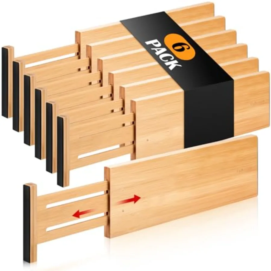 

Dresser Drawer Organizers 6 Pack 4.65'' High Adjustable from 12.5-17'' Bamboo Drawer Dividers for Clothing Baby Clothes Wooden