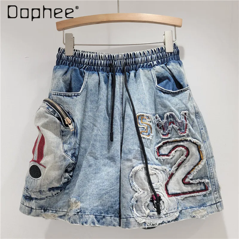 

Retro Street Wash Cotton Do Old Denim Five-point Pants 2025 Summer New Cartoon Embroidered Street Pocket Streetwear Shorts