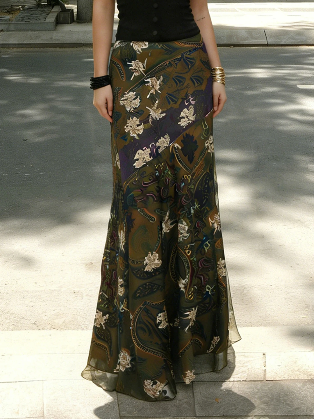 

WEEKEEP Vintage Plant Print Slim Fit Skirt Low Waist Fish Tail Long Skirt Sexy Girl Holiday Style Polyester Spandex Blend