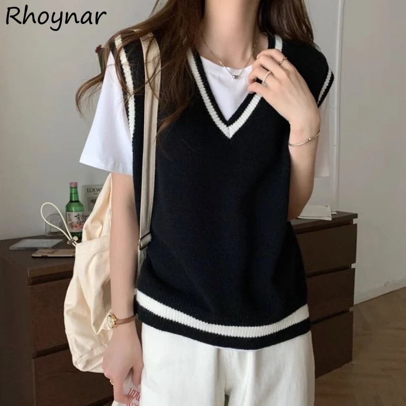 Preppy Style Sweater Vests for Women Autumn Chic Spliced Knitwear Clothes Students Japanese Kawaii Loose Harajuku Fashion Soft