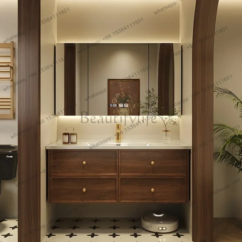 LDAmerica Bathroom Cabinet Slate Integrated Basin Solid Wood Vanity Cabinet with Sink Combination Retro Wash Bathroom