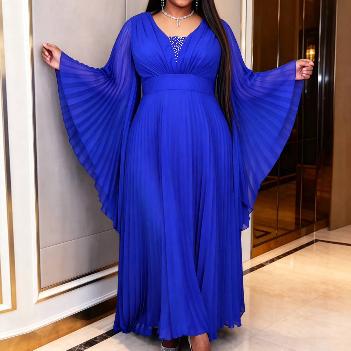 Blue Flowy Luxury Pleated Chiffon Prom Dress V Neck Beading Batwing Sleeves Elegant Women Party Wedding Guest Ceremony Outfits