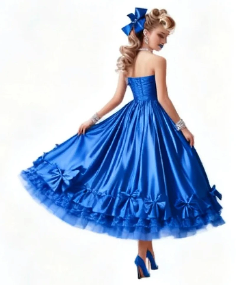 ชุดราตรีสีน้ำเงินยาวถึงเข่า โบว์หวาน ผ้าซาติน ชุดราตรีหรูหรา แขนกุด ชุดงานเลี้ยงวันเกิด ชุดรับปริญญา แบบสั่งตัด