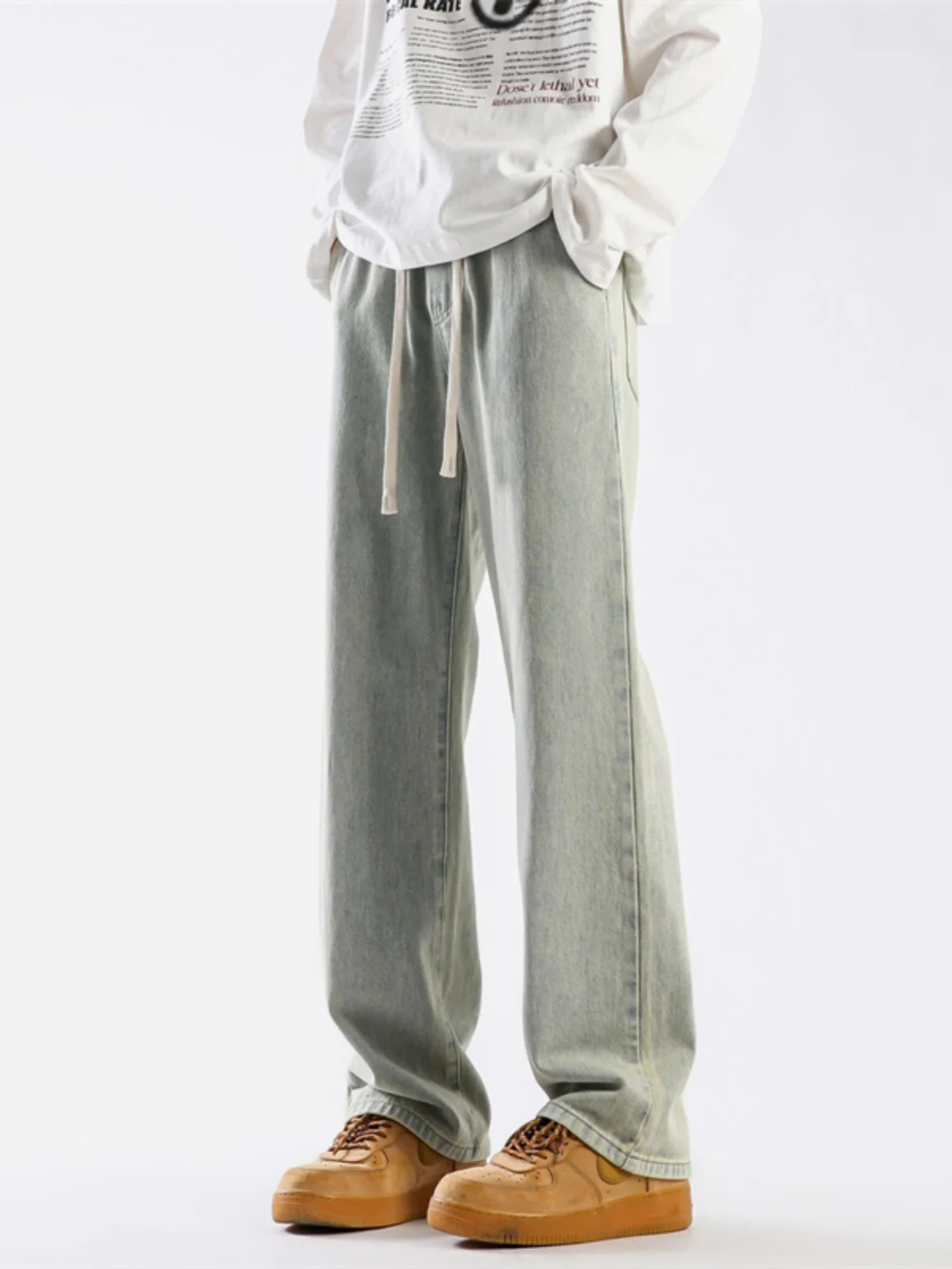 

Washed Clay Color Men's Flared Jeans High Street Style Long Straight Knife Pants Autumn Season Fashionable Youth Wear