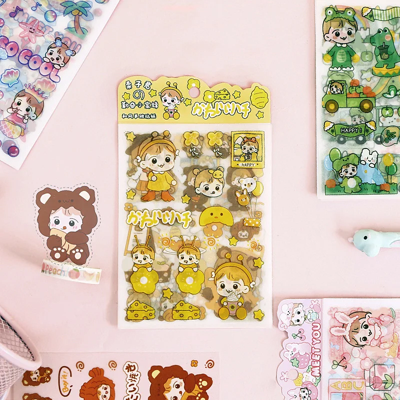 4 Sheets Set kawaii Animals Stickers Cute Rabbit Bear Pink Glitter Stationery Sticker Decor Korean Supplies