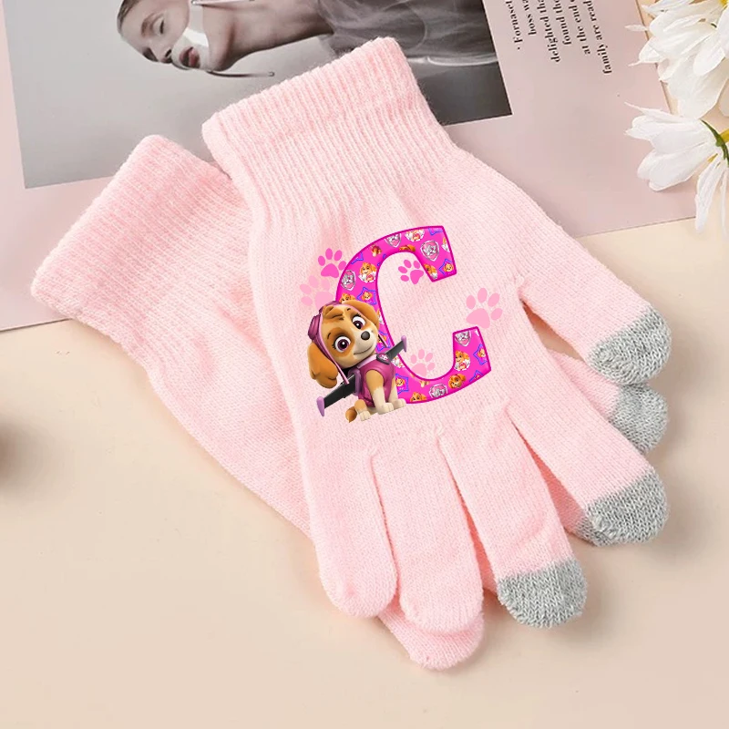 Paw Patrols Girls Knitted Gloves Skye Anime Letter A-Z Screen Gloved Kids Winter Warm Clothing Accessory Children Gift Hot Sales