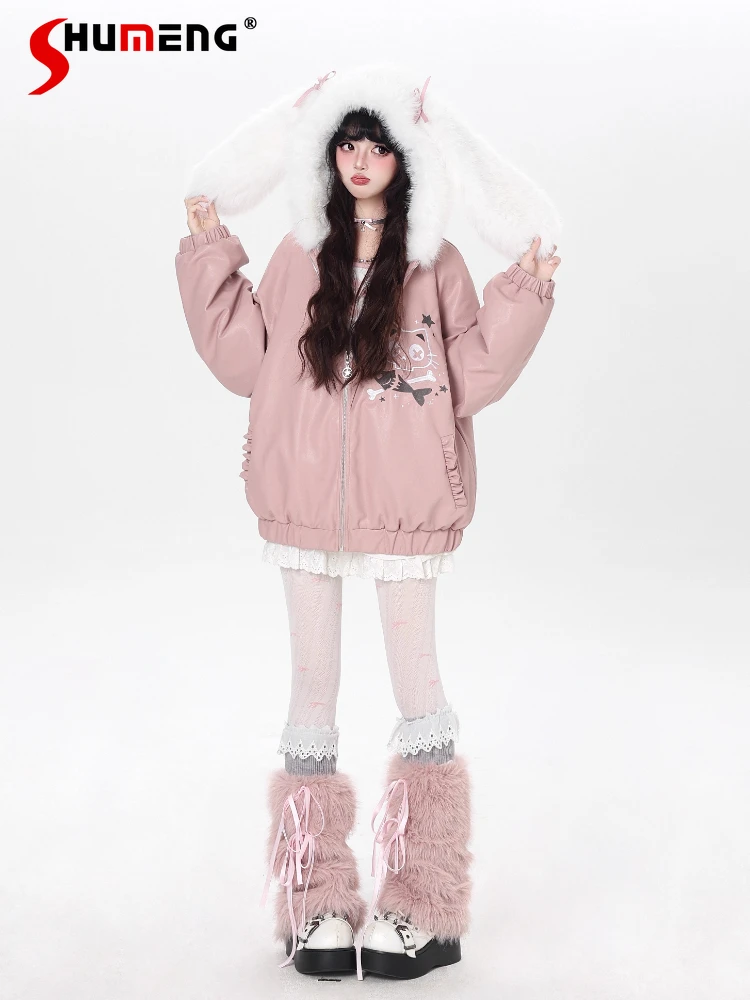

Original Japanese Sweet Cool Girl Plush Rabbit Ear Hooded PU Coat Cute Cartoon Print Versatile Casual Winter Jacket for Women