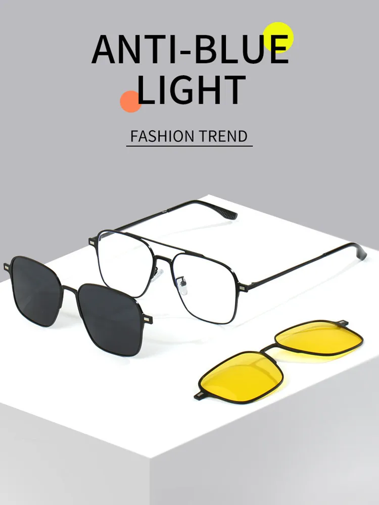 

Metal 3 In 1 New Magnet Clip On Glasses Frame Trend Polarized Sunglasses For Men Optical Prescription Computer Glasses UV400