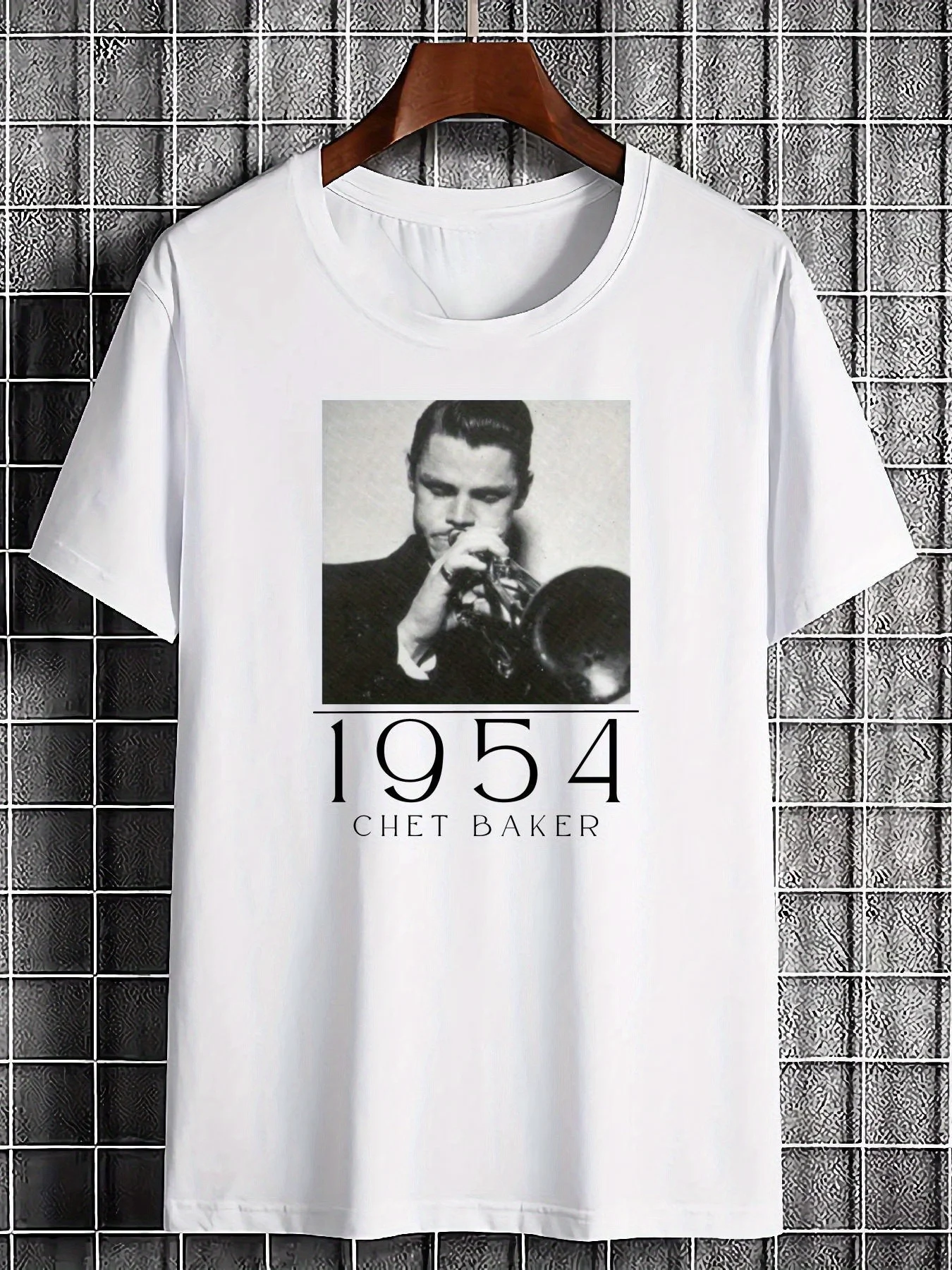 Chet Baker 1954 Retro Jazz T-Shirt - Heavyweight white T-shirt with iconic accordion photo and vintage style  vintage t shirt