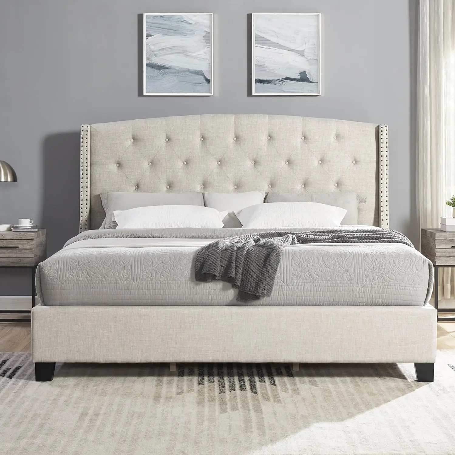 

Roundhill Furniture Nantarre Fabric Tufted Wingback Upholstered Bed with Nailhead Trim