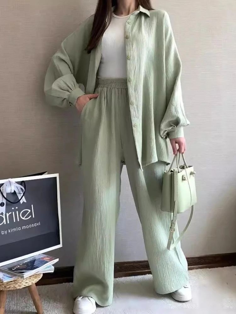 

2025 Summer Fashion New Women's Cotton and Hemp Set Flip Collar Long Sleeve Shirt Top Elastic Waist Long Pants Two Piece Set
