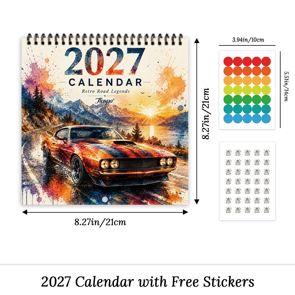 1pc 2027 Trendy Watercolor Car Wall Calendar,12‑Month Planner,Gift For Back‑to‑School,Christmas,New Year,Free Stickers Included
