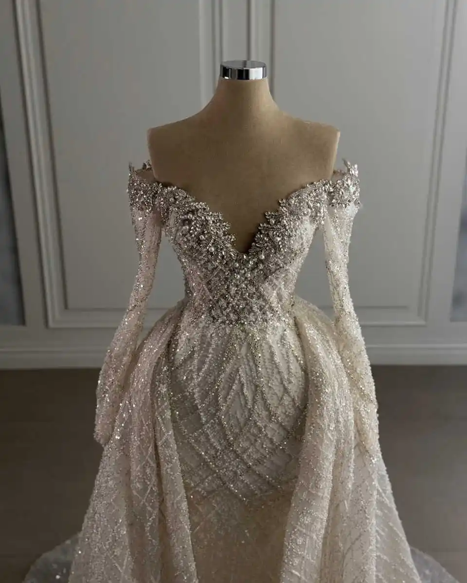 Illusion robes de mariée sirène col en v perles cristaux à manches longues longueur au sol princesse mariée robes de mariée personnalisées