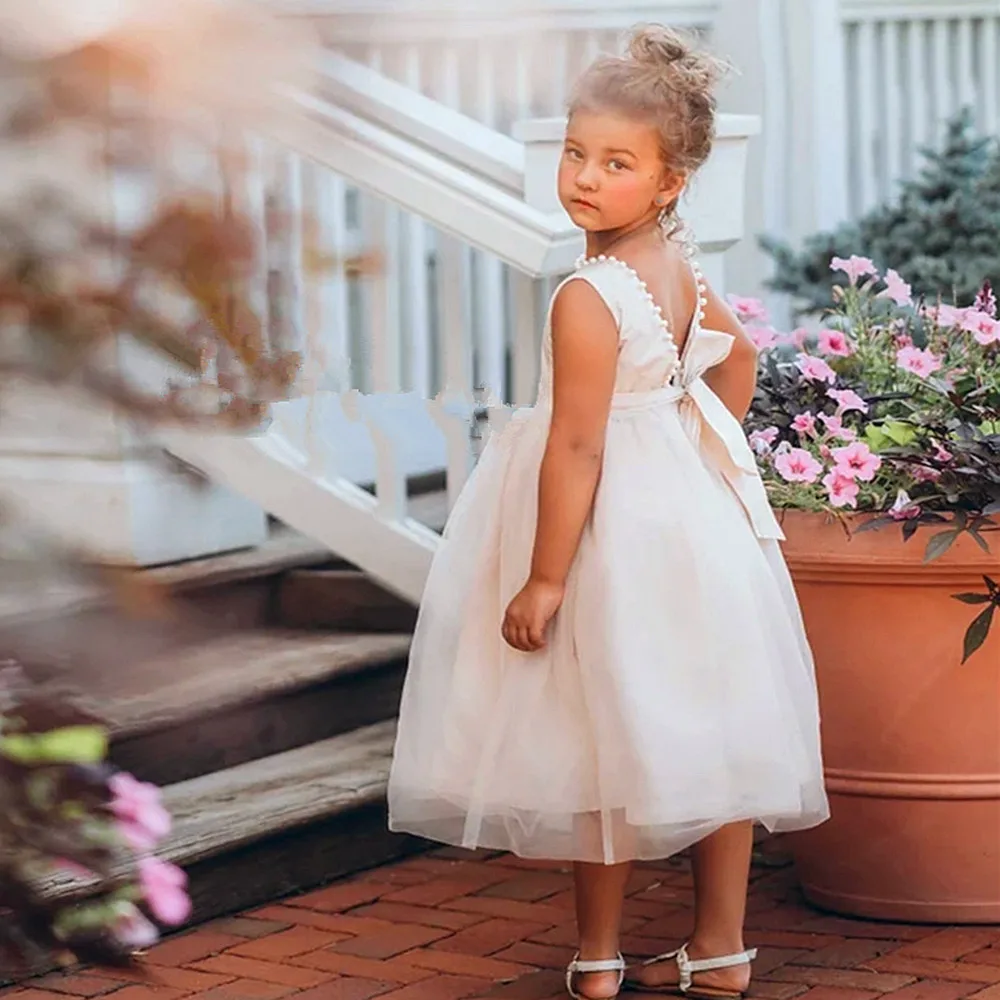 

V-neck Princess First Communion Dresses A-line White Tulle Flower Girl Dresses Tea-length Kid Prom Ball Pageant Party Gowns