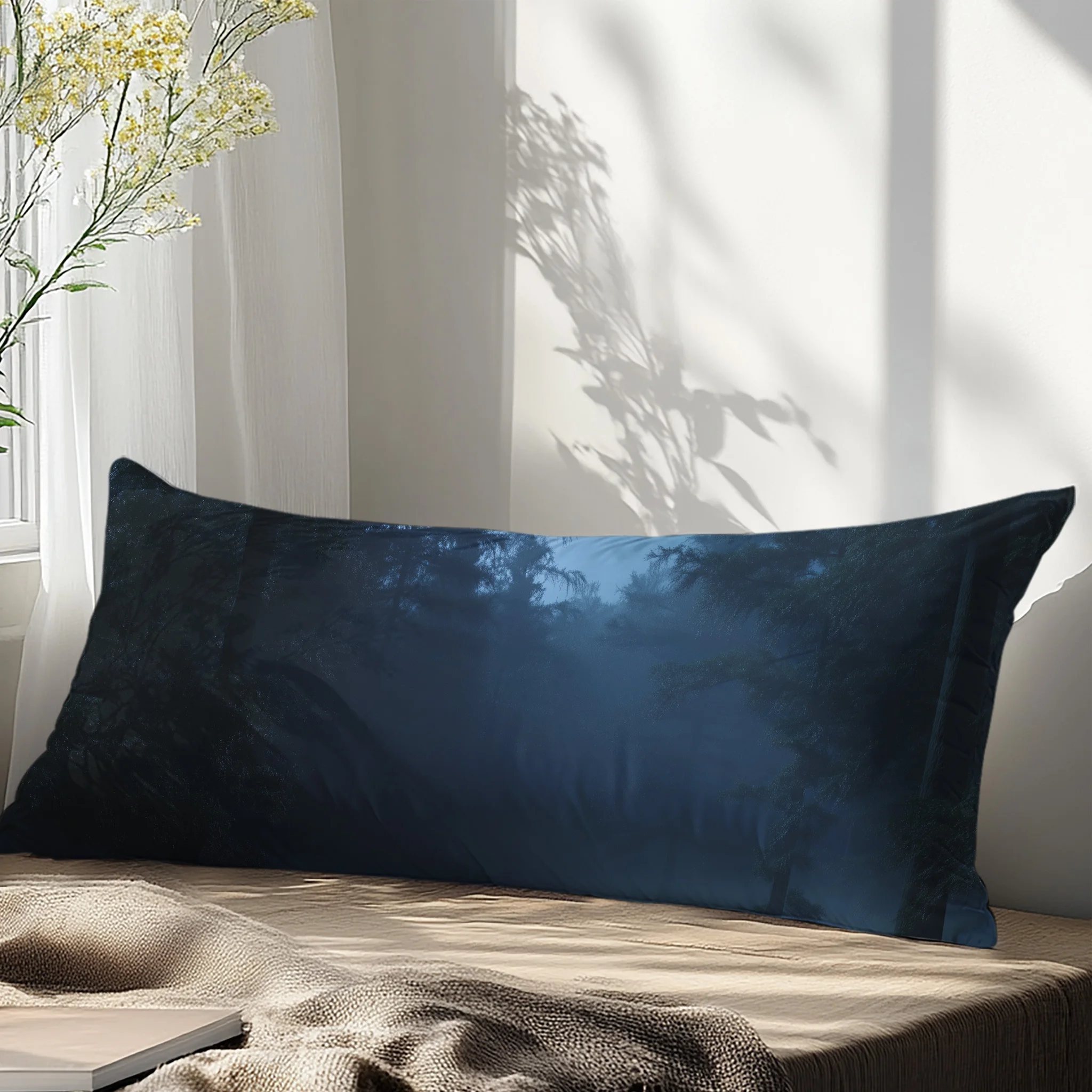 1 taie d'oreiller longue imprimée Romantique Forêt au clair de lune - Motif ciel nocturne et arbres, fermeture éclair, lavage à la main uniquement, Po