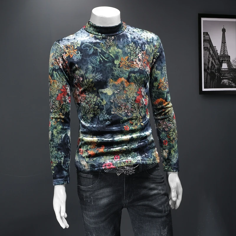 Chinese Style Floral 3D Print T Shirt For Men Long Sleeve Casual Winter Quality Velvet Slim Fit 4XL Turtleneck Vintage Camisetas