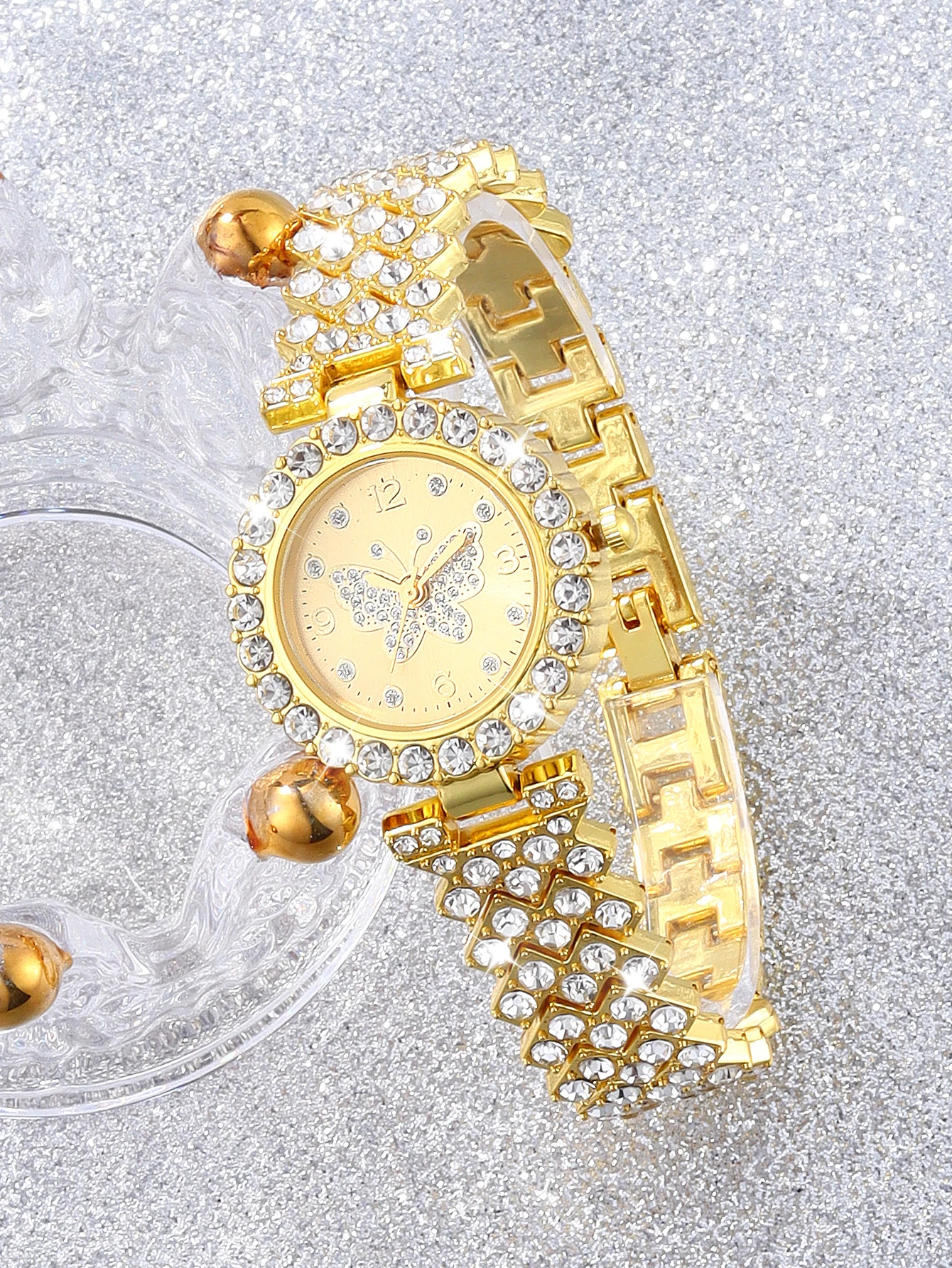 Gold diamond-filled Butterfly ladies quartz watch with a cross Cuban chain gift party set