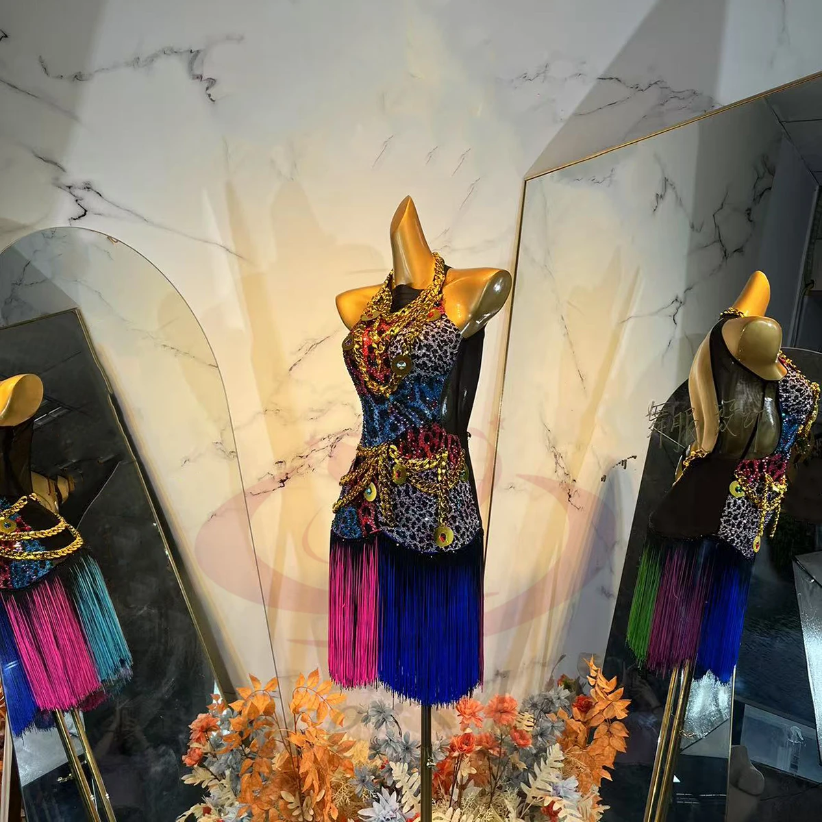 

Latin Dance Dress High-end Custom Multi-color Leopard Print Fringe Tango Adult and Children's Stage Professional Clothing