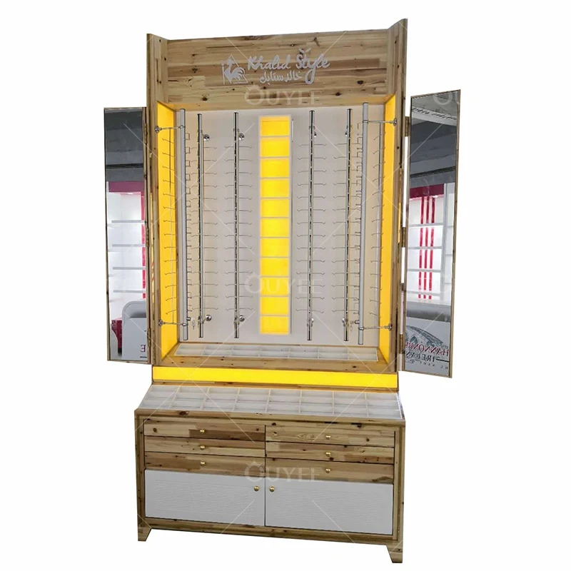 Customized-Shop Design Wood Optical Frame Display Lockable Eyewear Display Rods Optical Shop Stand Wall Mounted Eyewear Showcase