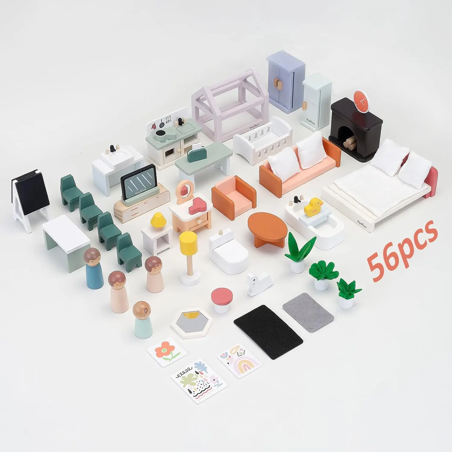 Juego de muebles para casa de muñecas de madera, muebles para muñecas de 56 piezas con 5 kits de habitaciones, dedos de juego, muebles en miniatura para casa de muñecas, Pl de simulación