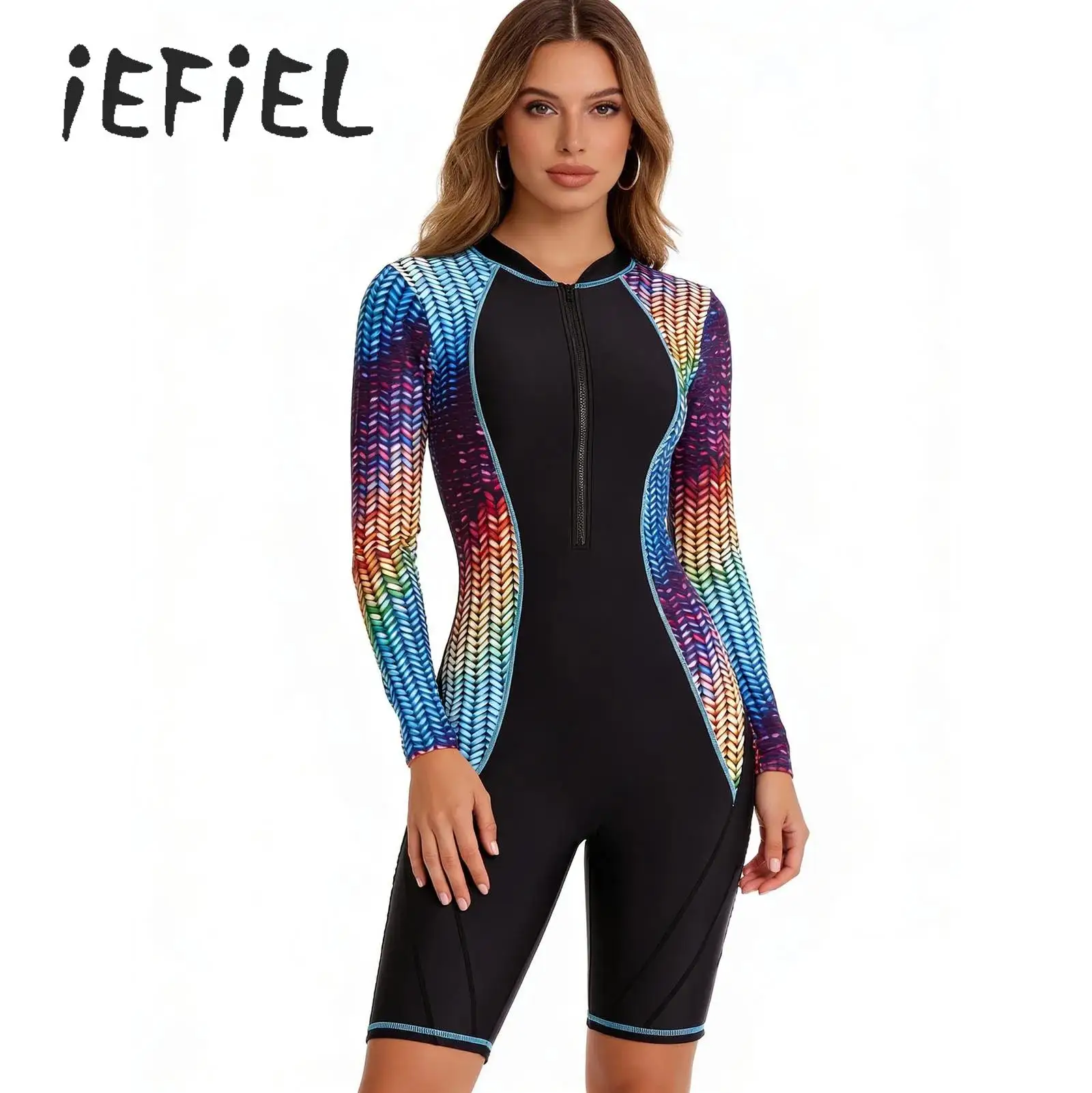 

Женский слитный купальник для серфинга с цветовыми блоками, длинными рукавами, защитой от солнца, облегающий, на молнии, для дайвинга