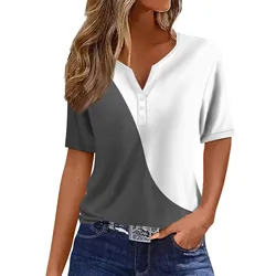 2024 Summer Patchwork T-Shirts Button Tops Womens Casual Short Sleeve Loose Ladies V-Neck Female Street Clothes Pullover