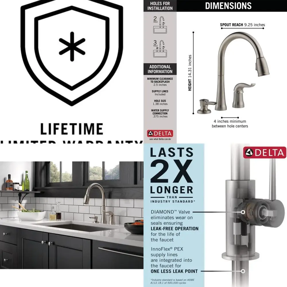 

Modern Single Handle Kitchen Faucet with Pull-Down Spray and Soap Dispenser, Brushed Nickel Finish, Stainless Steel, 16970-SSSD-