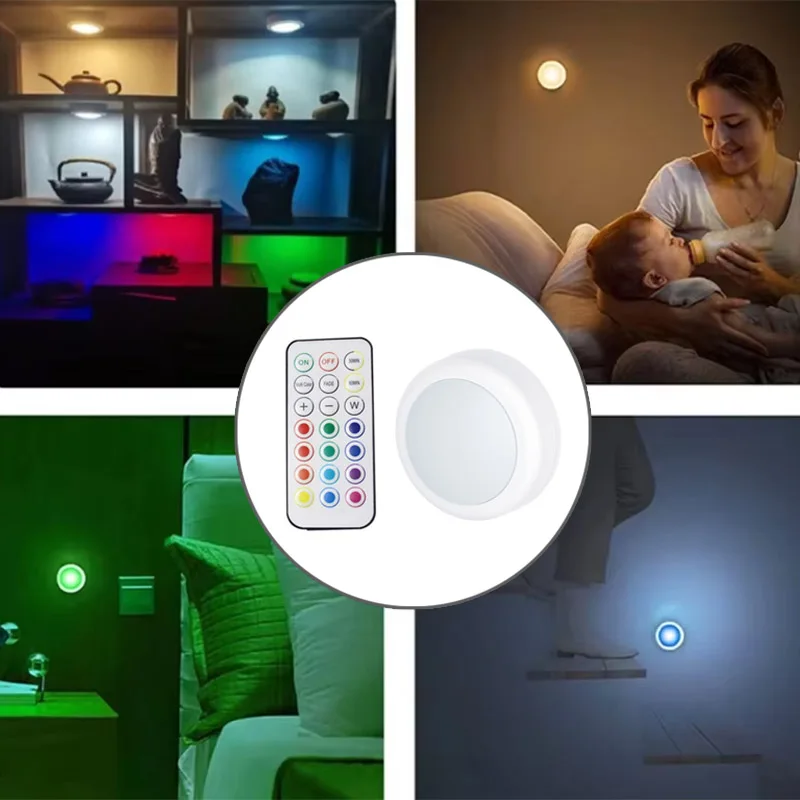 Wireless RGB Led Under Cabinet Lights, Battery Operated Remote Dimmable Night Light, Color Changing Lamp For Closet Wardrobe