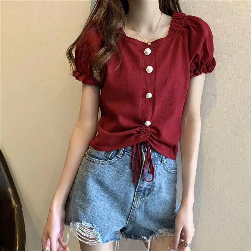 

Summer New High Waist Short T Shirts Short Sleeve Solid Pleated Drawstring Button Trend Tops Tees Sweet Fashion Women Clothing