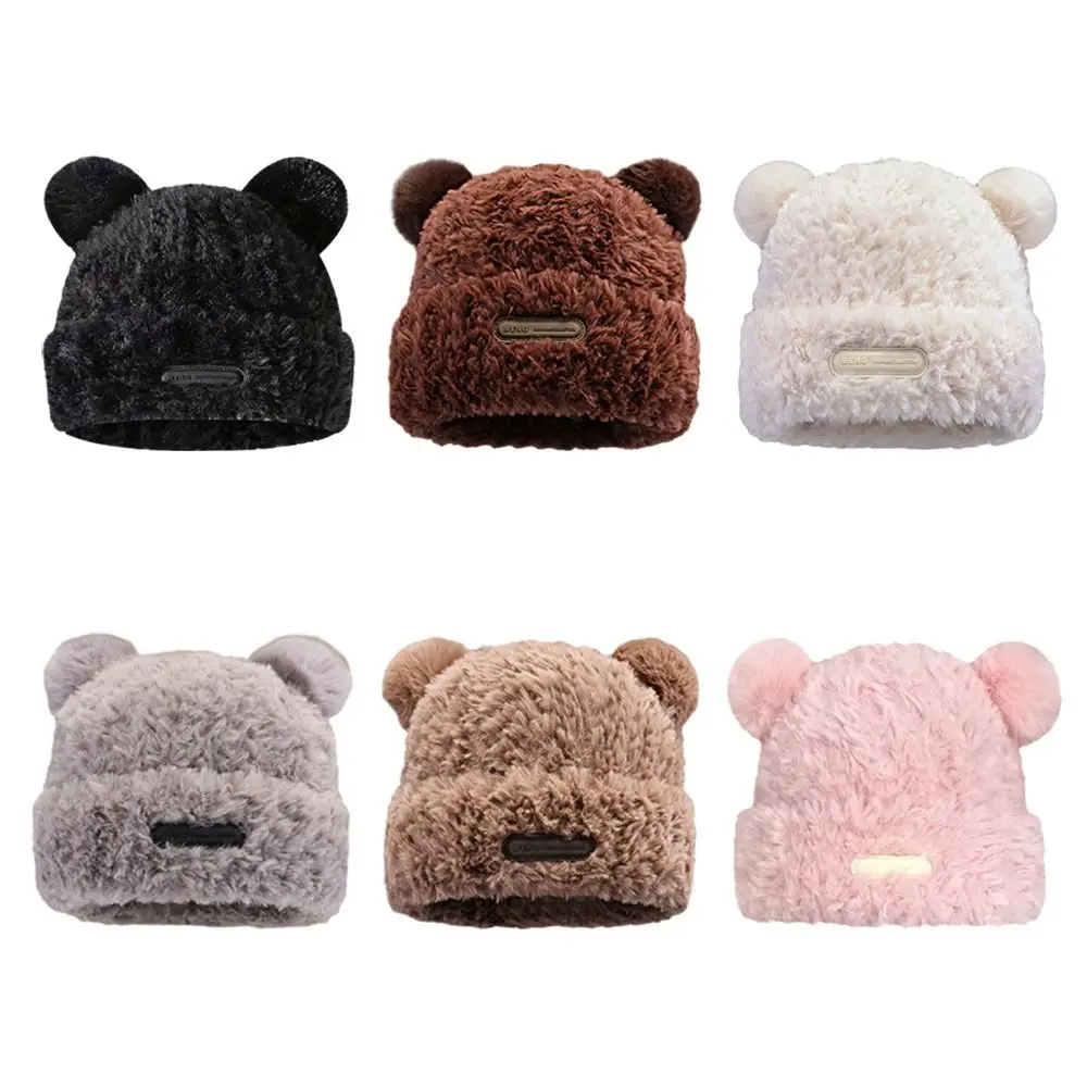 Cute Ear Women Earmuffs Cap Cartoon Bear Ear Protection Hat Solid Color Plush Beanies Girl Winter Warm Fluffy Fur Headgear 모자