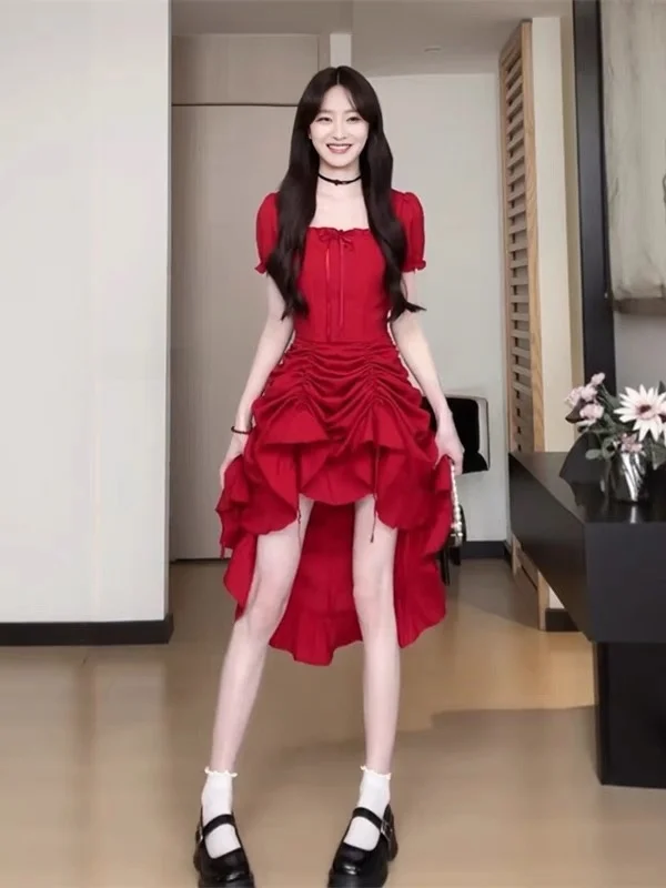 Or Sve Dr – jupe trapèze à col carré rouge rétro pour femmes, nouvelle collection d'été, taille haute, amincissante, portable