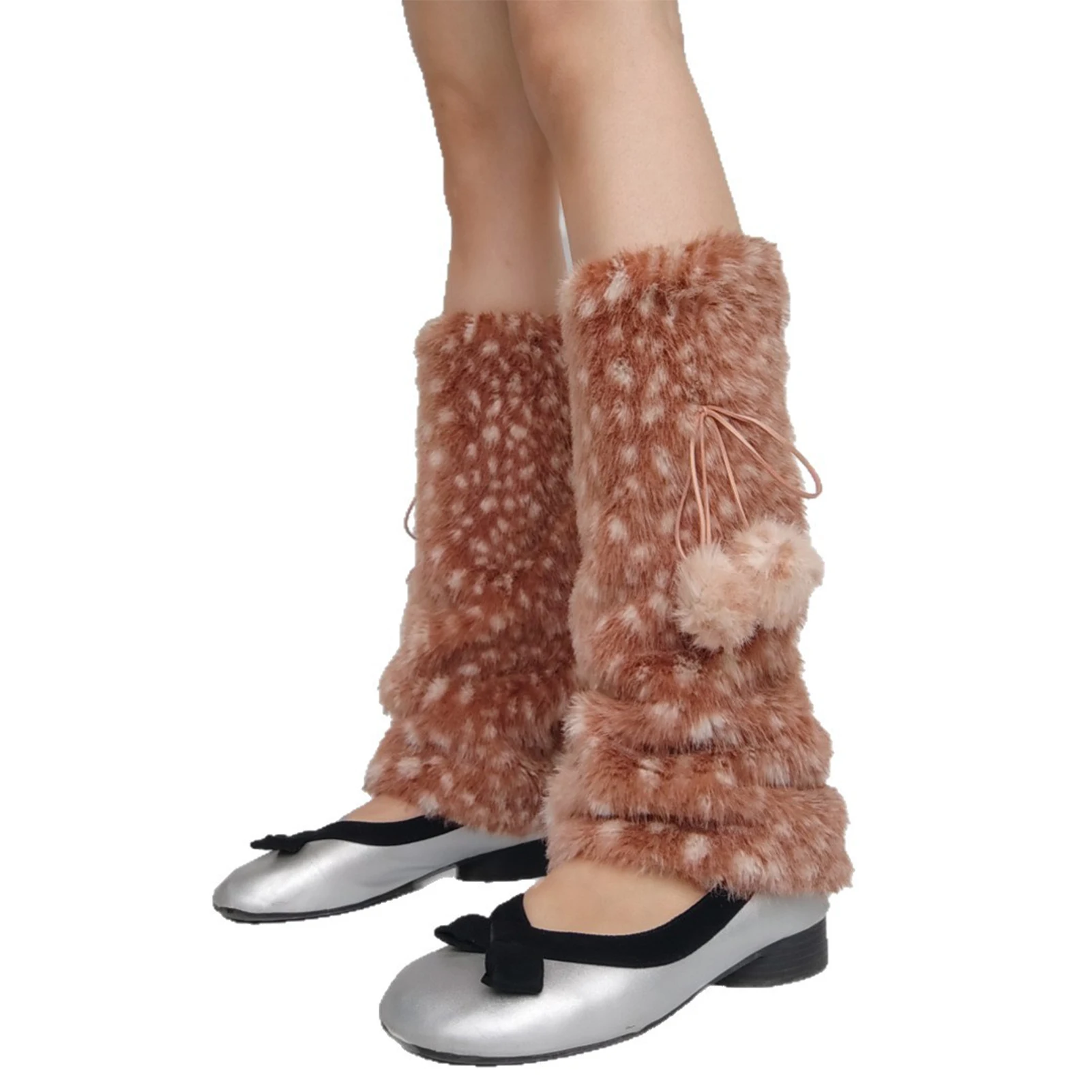 

Brown Deer Fur Leg Warmers Winter Fur Fluffy Warmth with Bow Tie and Fur Ball, Versatile Women's Clothing 30cm