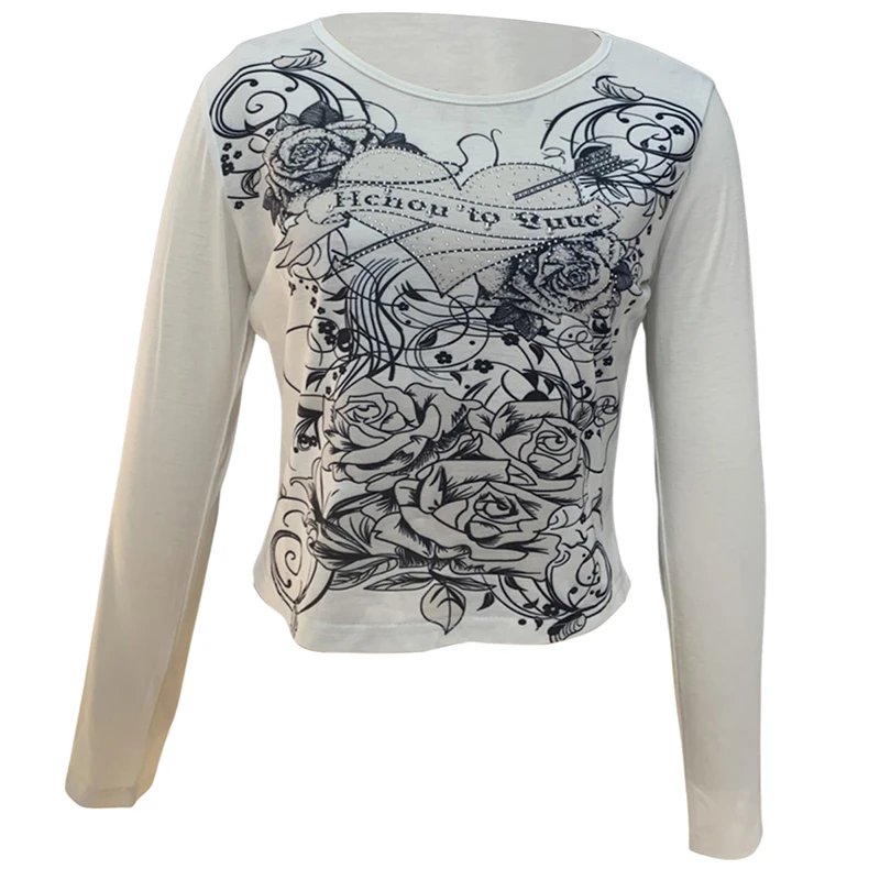 Women Vintage Crop Tops Adults Rhinestone Love Pattern Long Sleeve Round Neck T-shirt