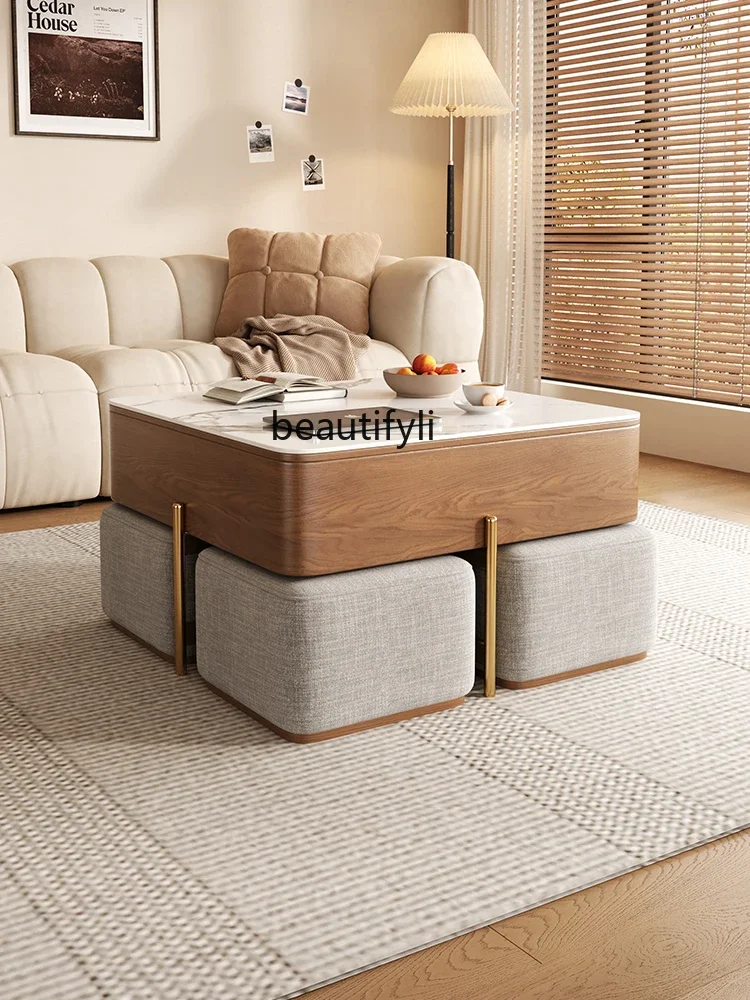 

ss 8350 Nordic Multi-Functional Stone Plate Coffee Table Adjustable Modern Minimalist Living Room Home Tea Table with Stool