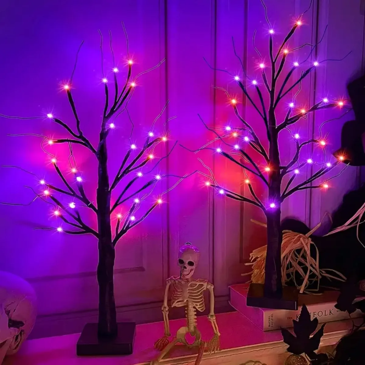 1 Stück 24 LED orange und lila beleuchtete Halloween künstliche Birke Licht DIY schwarze Zweige Lichter Tischplatte Halloween gruselig – Detail 9